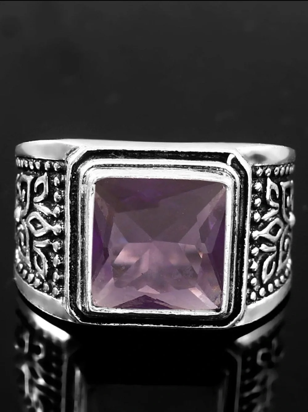 Sterling-Style Men's 925 Silver Ring with Square Amethyst Stone